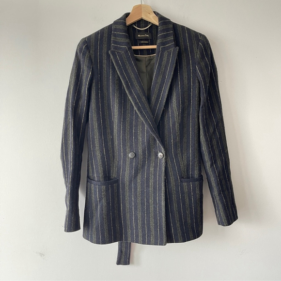 Massimo Dutti Jackets & Blazers - Massimo Dutti Striped Double-Breasted Blazer wool navy green office waist tie 6